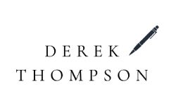 British spy thriller and crime mystery author Derek Thompson's logo - name and a pen image.